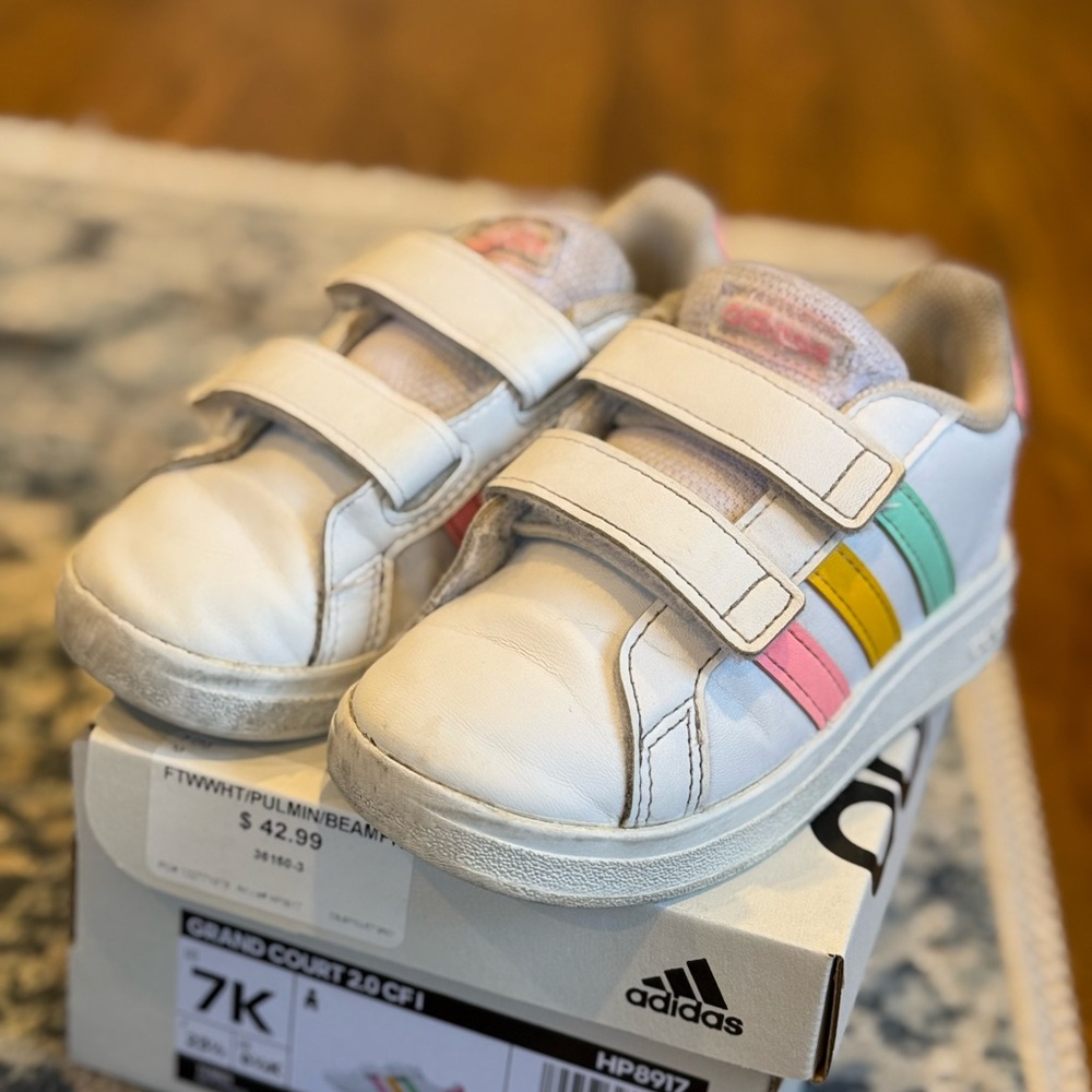 Adidas Grand Court 2.0 Toddler White Sneakers with Multicolor Stripes - 7K